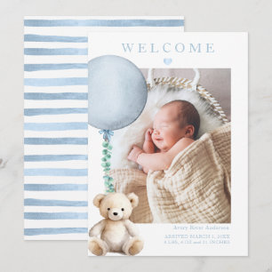 Blue Teddy Bear Baby Boy Fotoaankondiging Kaart