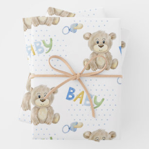 Blue Teddy Bear Baby Boy Waterverf Baby shower Inpakpapier Vel