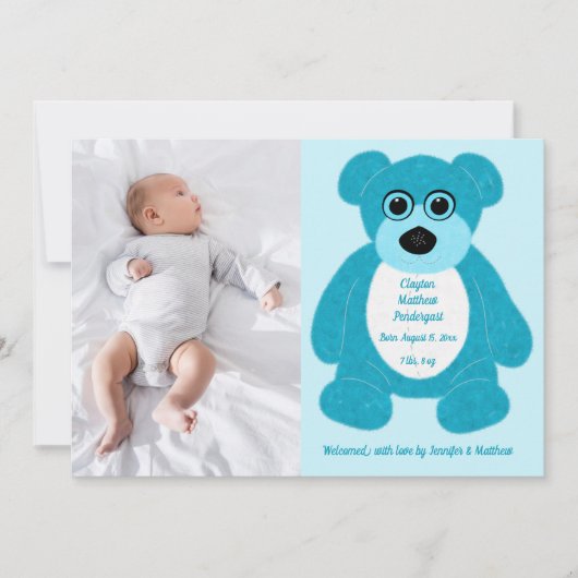Blue Teddy Bear Baby Jongen Geboorte Aankondiging (Voorkant)