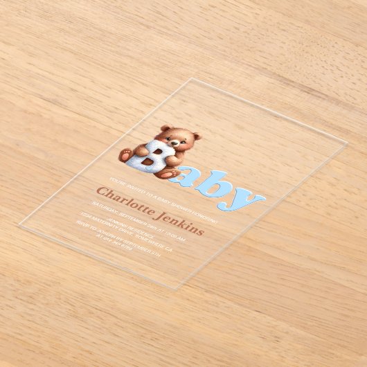 Blue Teddy Bear Baby shower Acryl Uitnodigingen (Laagn)