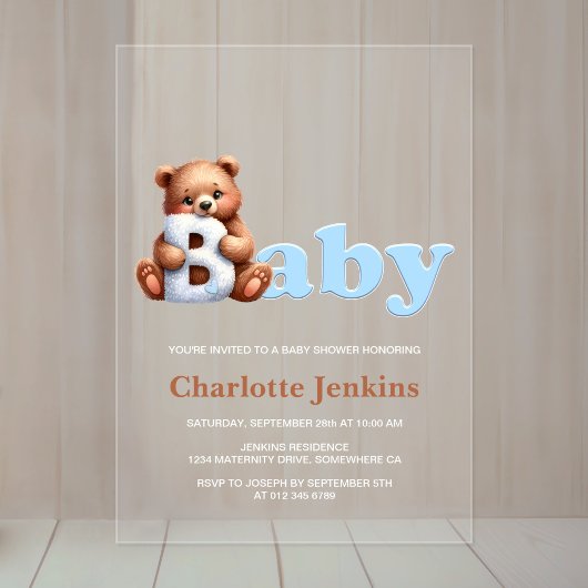 Blue Teddy Bear Baby shower Acryl Uitnodigingen
