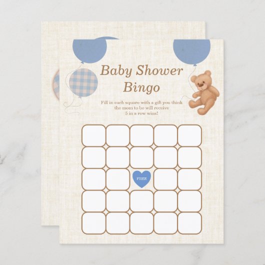 Blue Teddy Bear Baby shower Bingo Game (Voorkant / Achterkant)