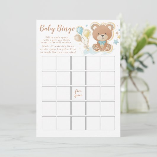 Blue Teddy Bear Baby shower Bingo Game Kaart (Staand voorkant)