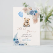 Blue Teddy Bear Baby shower Bloemen Pampas Grass Bedankkaart (Staand voorkant)