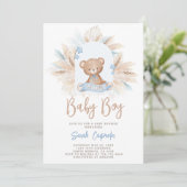 Blue Teddy Bear Baby shower Boy Invitation Kaart (Staand voorkant)