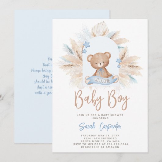 Blue Teddy Bear Baby shower Boy Invitation Kaart (Voorkant / Achterkant)