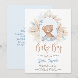 Blue Teddy Bear Baby shower Boy Invitation Kaart