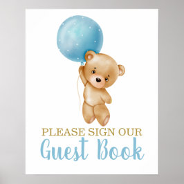 Blue Teddy Bear Baby shower Boy Sign Guest Book Poster