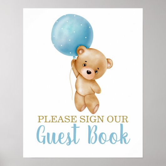 Blue Teddy Bear Baby shower Boy Sign Guest Book Poster (Voorkant)
