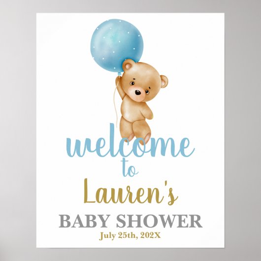 Blue Teddy Bear Baby Shower Boy Welcome sign Poster (Voorkant)