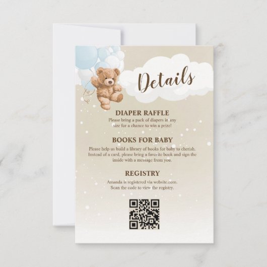 Blue Teddy Bear Baby Shower Details Enclosure Card Kaart (Voorkant)
