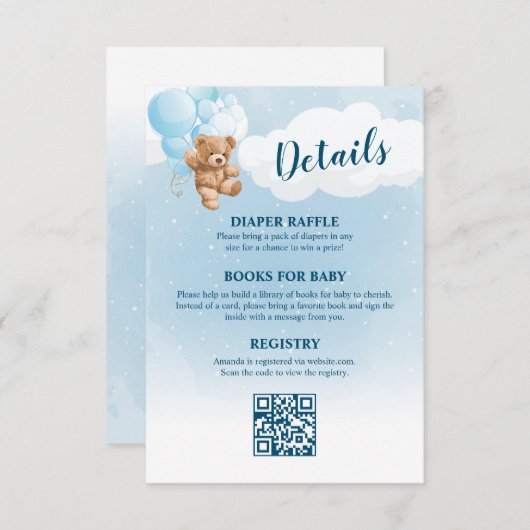 Blue Teddy Bear Baby shower Details Informatiekaartje (Voorkant / Achterkant)