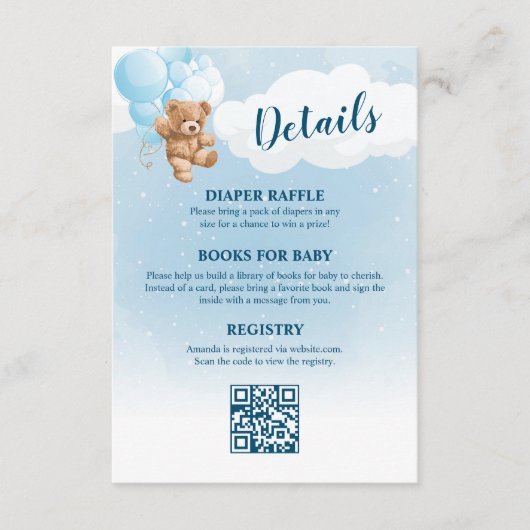 Blue Teddy Bear Baby shower Details Informatiekaartje (Voorkant)