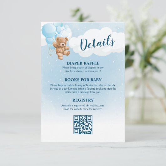 Blue Teddy Bear Baby shower Details Informatiekaartje (Staand voorkant)