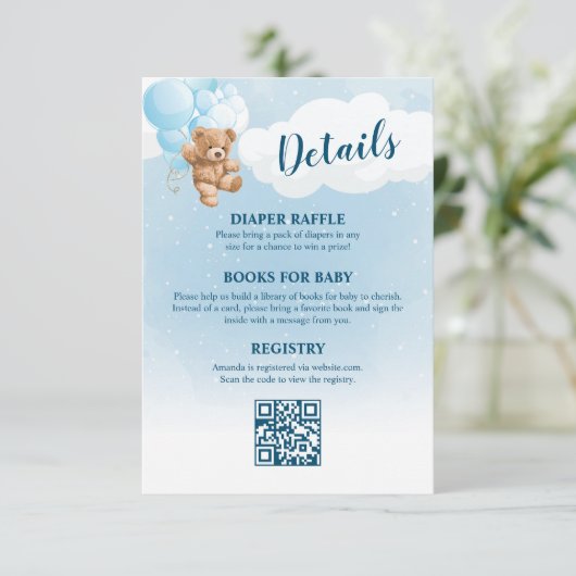 Blue Teddy Bear Baby shower Details Kaart (Staand voorkant)