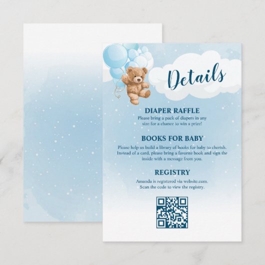 Blue Teddy Bear Baby shower Details Kaart (Voorkant / Achterkant)