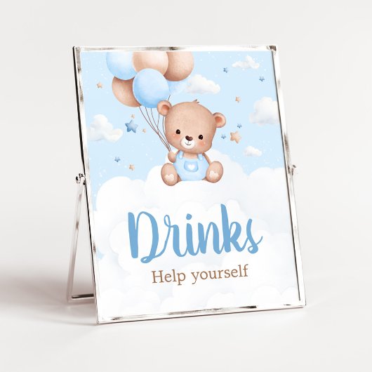 Blue Teddy Bear Baby Shower Drinks Sign Poster