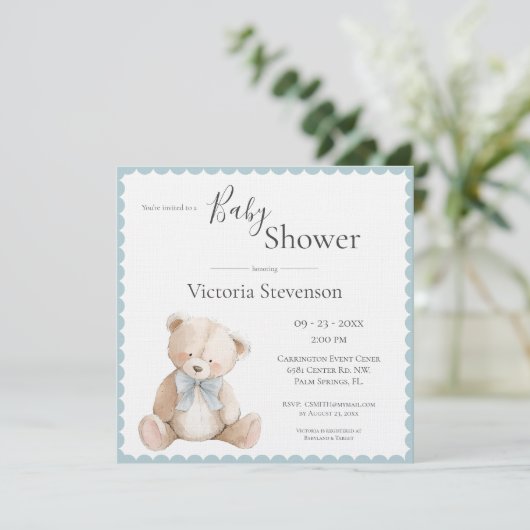 Blue Teddy Bear Baby Shower Invitation (Staand voorkant)