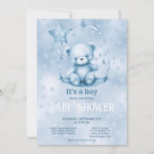 Blue Teddy Bear Baby shower Invitation Kaart (Voorkant)