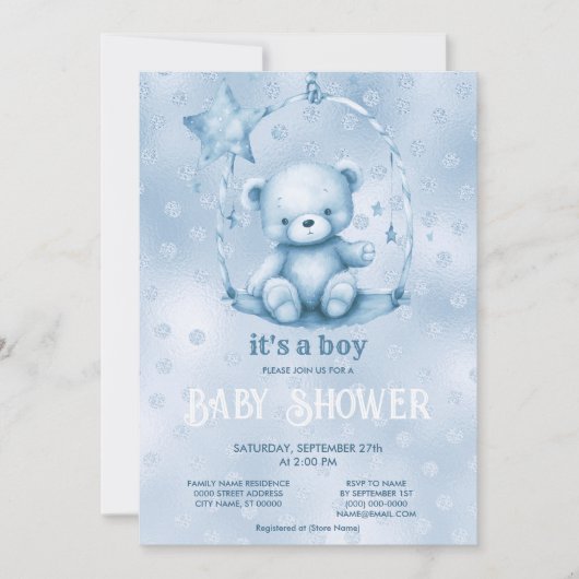 Blue Teddy Bear Baby shower Invitation Kaart (Voorkant)