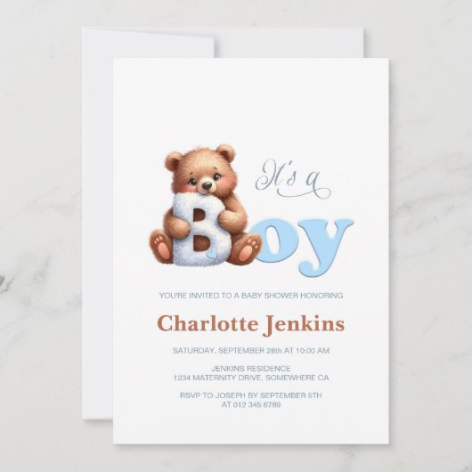 Blue Teddy Bear Baby shower Invitation Kaart (Voorkant)