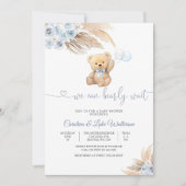 Blue Teddy Bear Baby Shower Invitation Kaart (Voorkant)
