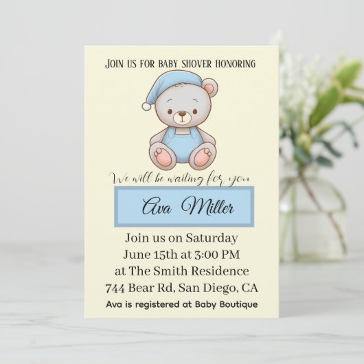 Blue Teddy Bear Baby Shower Invitation | Kaart (Staand voorkant)