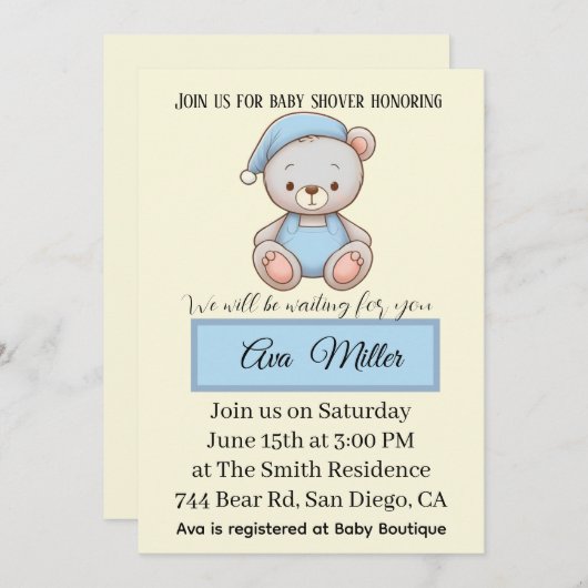 Blue Teddy Bear Baby Shower Invitation | Kaart (Voorkant / Achterkant)