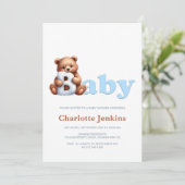 Blue Teddy Bear Baby shower Invitation Kaart (Staand voorkant)