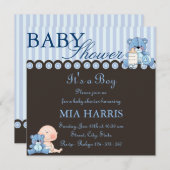 Blue Teddy Bear Baby shower Invitation Kaart (Voorkant / Achterkant)