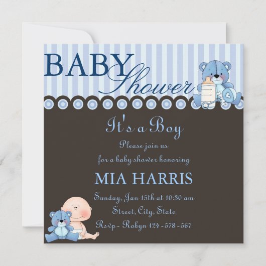 Blue Teddy Bear Baby shower Invitation Kaart (Voorkant)
