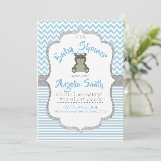 Blue Teddy Bear Baby shower Invitation Kaart (Staand voorkant)