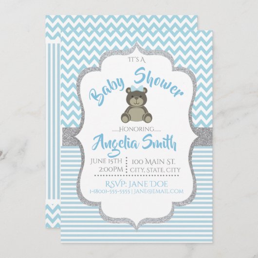 Blue Teddy Bear Baby shower Invitation Kaart (Voorkant / Achterkant)