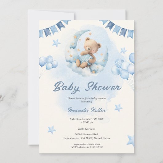 Blue Teddy Bear Baby shower Invitation Kaart (Voorkant)