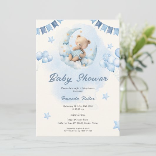 Blue Teddy Bear Baby shower Invitation Kaart (Staand voorkant)