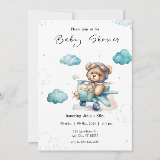 Blue Teddy Bear Baby shower Invitation Kaart (Voorkant)