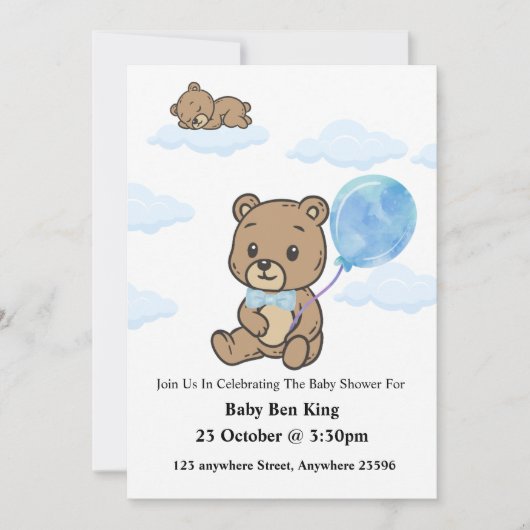 Blue Teddy Bear Baby Shower Invitation  Kaart (Voorkant)