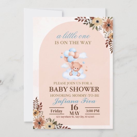 Blue Teddy Bear Baby shower Kaart (Voorkant)