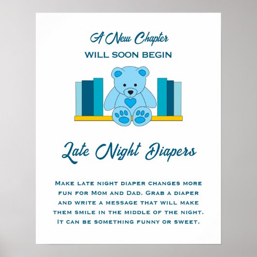 Blue Teddy Bear Baby shower Late Night Luiers Poster (Voorkant)