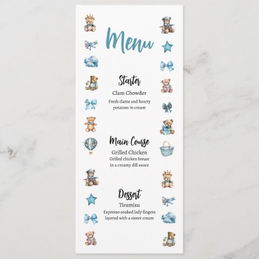 Blue Teddy Bear Baby shower Menu (Voorkant)