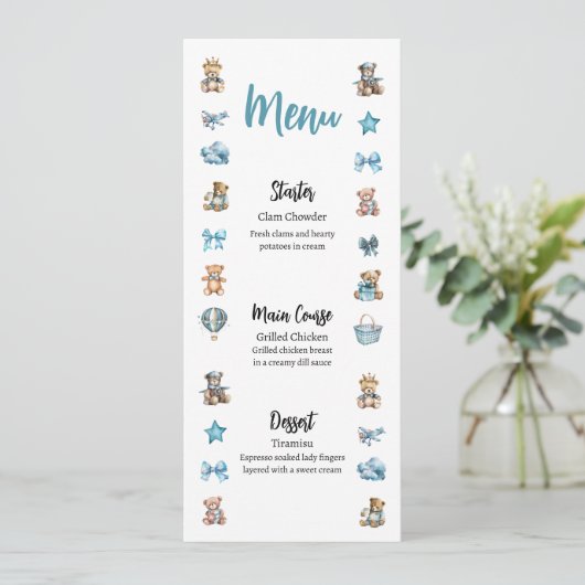Blue Teddy Bear Baby shower Menu (Staand voorkant)