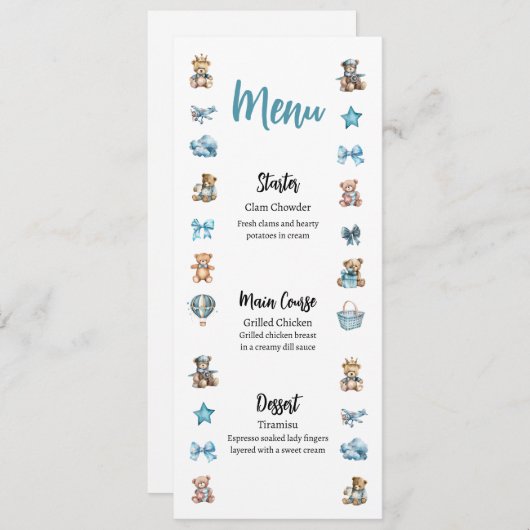Blue Teddy Bear Baby shower Menu (Voorkant / Achterkant)