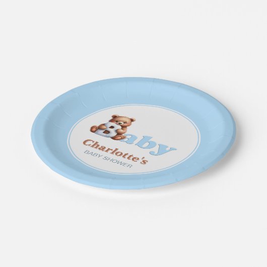 Blue Teddy Bear Baby shower Papieren Bordje (Gekanteld)
