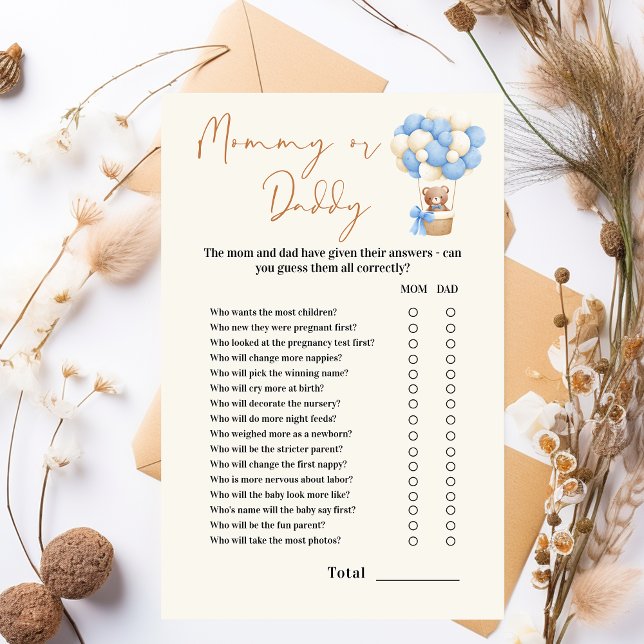 Blue Teddy Bear Baby shower Spel Mama of papa (Creator heeft geüpload)