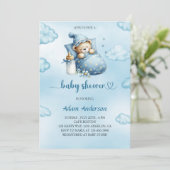 Blue Teddy Bear Baby shower Uitnodiging voor Jonge (Staand voorkant)