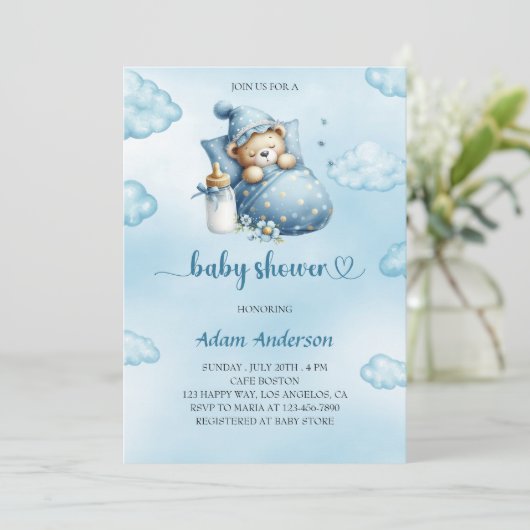 Blue Teddy Bear Baby shower Uitnodiging voor Jonge (Staand voorkant)