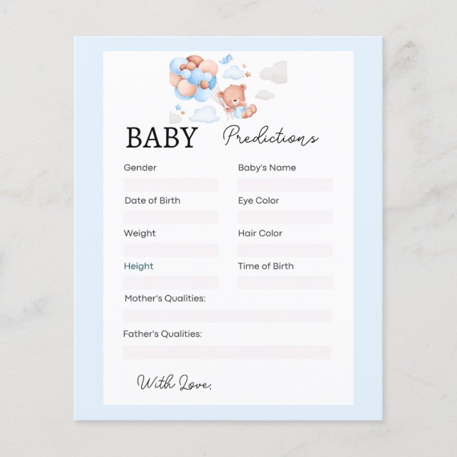 Blue Teddy Bear Baby shower voorspellingen Kaart (Voorkant)