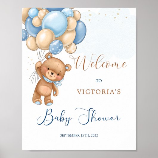 Blue Teddy Bear Baby shower Welcome Sign Poster (Voorkant)