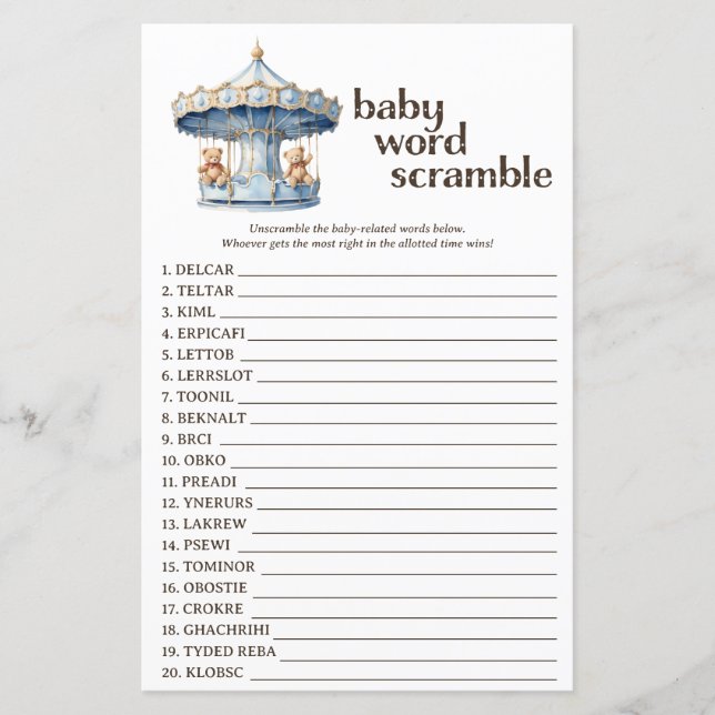 Blue Teddy Bear Baby shower Word Scramble Game (Voorkant)