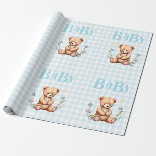 Blue Teddy Bear Baby Typografie Baby shower Cadeaupapier (Uitgerold)